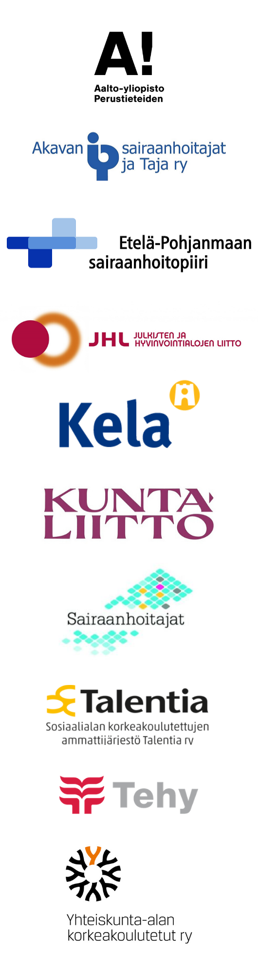 Yhteistyökumppaneiden logot. Kumppanit listattuna tekstimuodossa keskipalstassa.