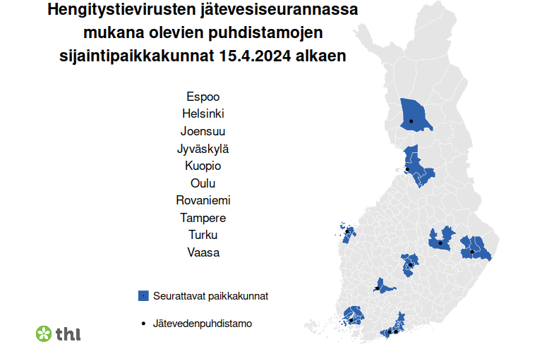 Suomen kartta, johon on merkitty tekstissä mainittujen puhdistamojen paikat.