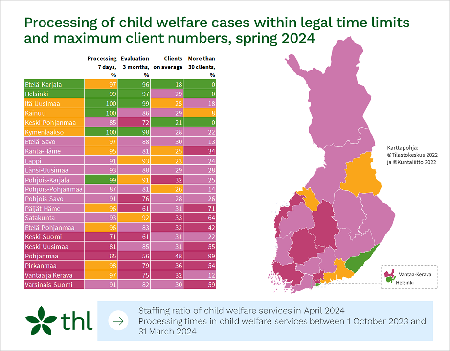 Processing of child welfare cases within legal time limits and maximum client numbers, spring 2024.