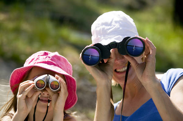 Adult and a child using binoculars.