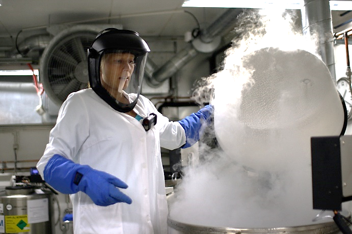 Researcher opening a nitrogen tank.
