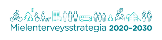 Mielenterveysstrategia 2020-30 logo, jossa on ikonihahmoina ihmisiä, taloja ja puita.