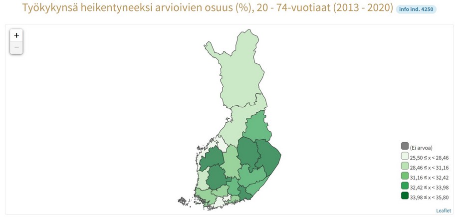 Työkykynsä heikentyneeksi arvioivien osuudessa (%), 20 - 74-vuotiaat (2013 - 2020), on suuria eroja eri hyvinvointialueiden välillä.