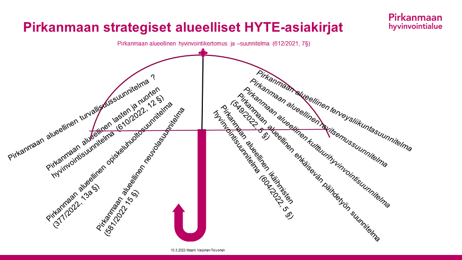 Alueellinen hyvinvointikertomus ja -suunnitelma voi koota useita eri alueellisia suunnitelmia yhteen. Pirkanmaan esimerkin suunnitelmat on lueteltu tekstissä.