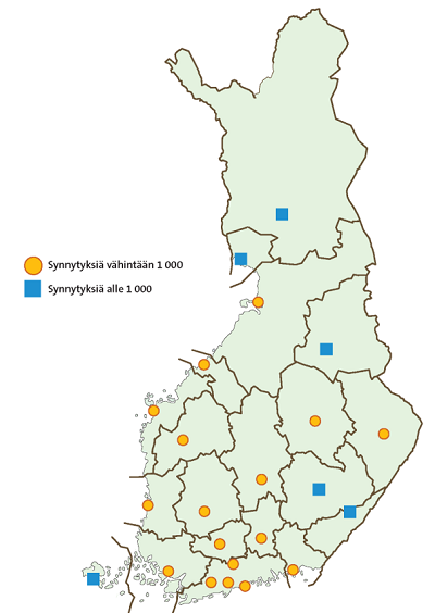 Synnytyssairaalat Suomessa vuonna 2021. 