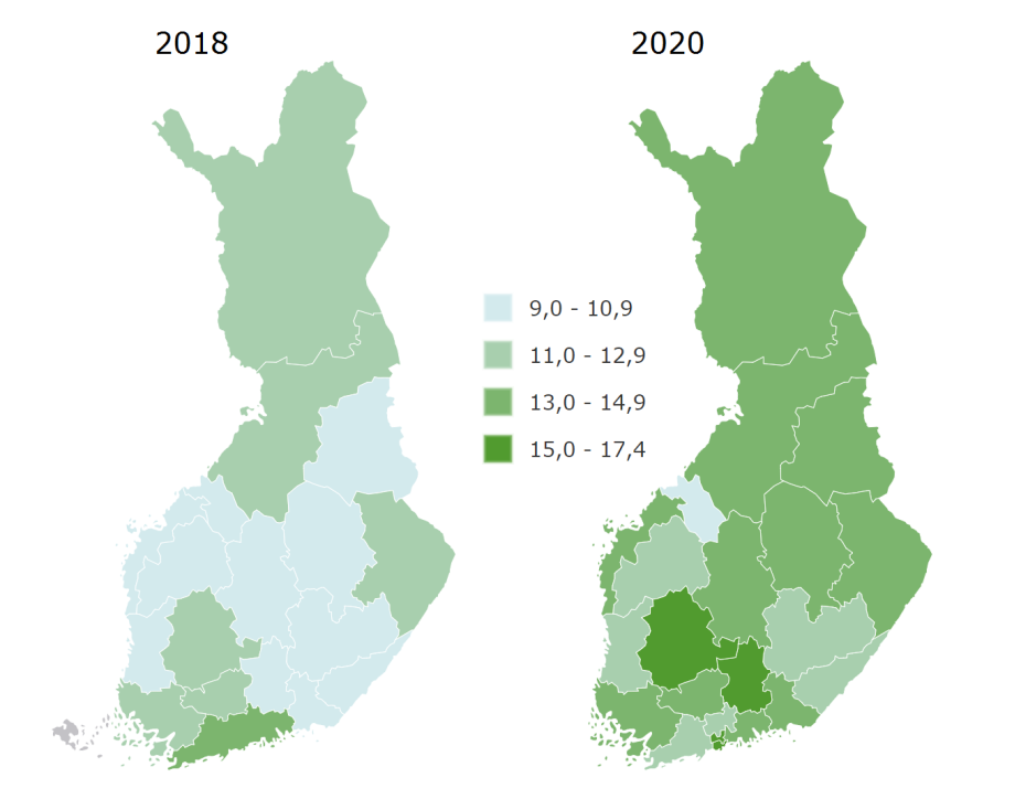 Karttakuviossa näkyvät alueiden väliset erot psyykkisesti merkittävästi kuormittuneiden osuuksissa vuosina 2018 ja 2020.