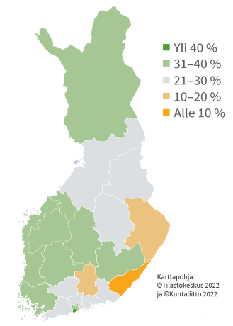 Karttakuvassa on havainnollistettu väreillä, kuinka monta prosenttia alueen toimintayksiköistä täytti henkilöstömitoituksen 0,7 marraskuussa 2022. Luvuista on kerrottu sivun tekstissä.
