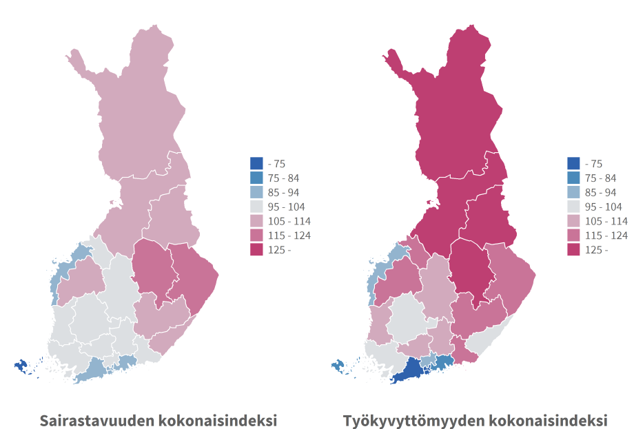 Karttakuvissa kuvattu väreillä hyvinvointialueiden eroja sairastavuudessa ja työkyvyttömyydessä. Eroja kuvattu sivun tekstissä ja tarkemmin verkkosivulla thl.fi/tilastot/terveysindeksi.