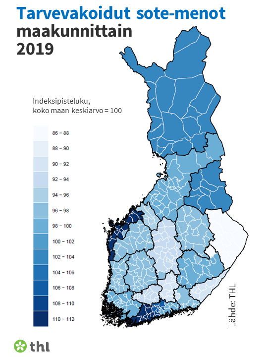 Tarvevakioidut sote-menot hyvinvointialueittain 2019.