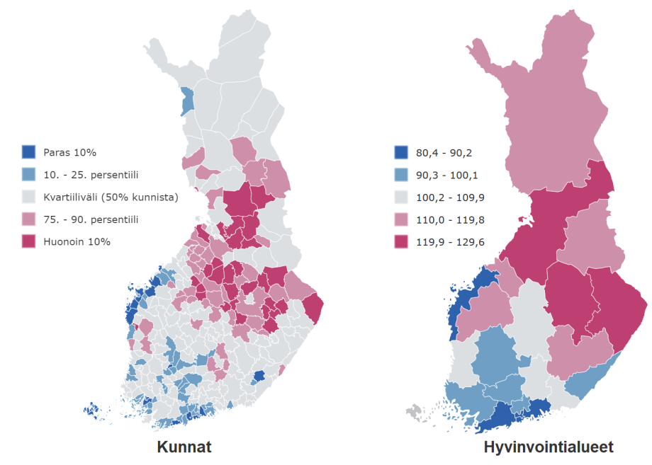 Kuva 1. Sairastavuusindeksi kunnissa ja hyvinvointialueilla ajanjaksolla 2017–2019.