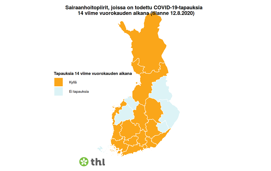 Koronatapauksia on todettu kahden viikon sisään (tilanne 12.8.) kaikissa muissa maakunnissa paitsi Pohjois-Karjalassa, Etelä-Savossa, Etelä-Pohjanmaalla, Keski-Pohjanmaalla ja Kainuussa.
