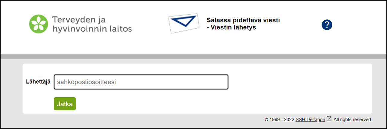 THL Turvaviestipalveluun rekisteröityminen, lähettäjän tiedot.