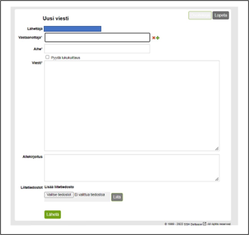 Turvaviestin kirjoitus- ja lähetysnäkymä. 