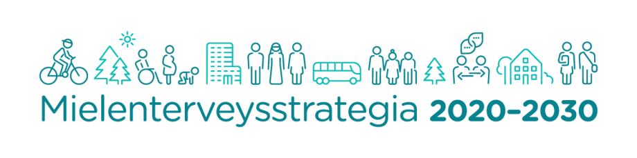 Mielenterveysstrategia 2020-30 logo, jossa on ikonihahmoina ihmisiä, puita ja taloja
