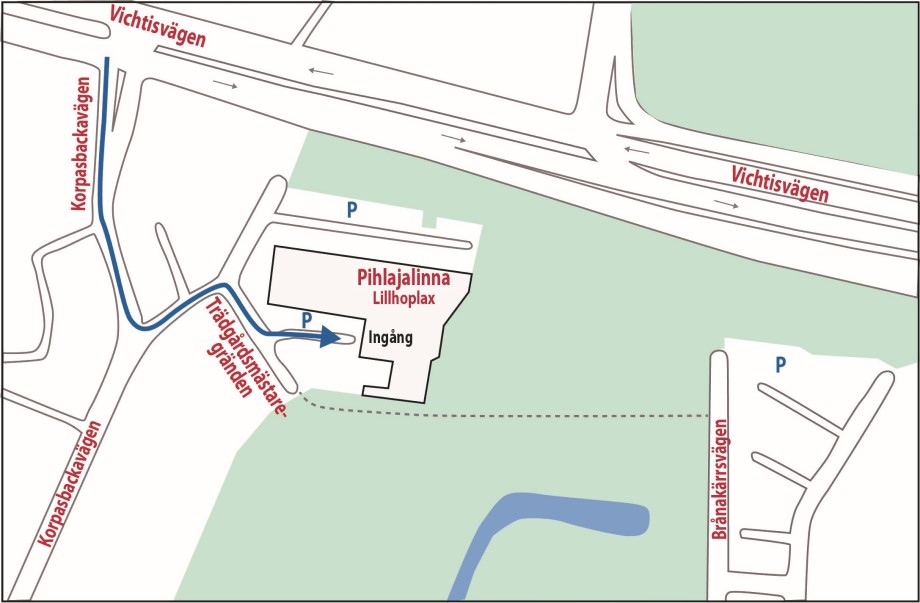 Karta: Pihlajalinna Lillhoplax, parkering och ingång