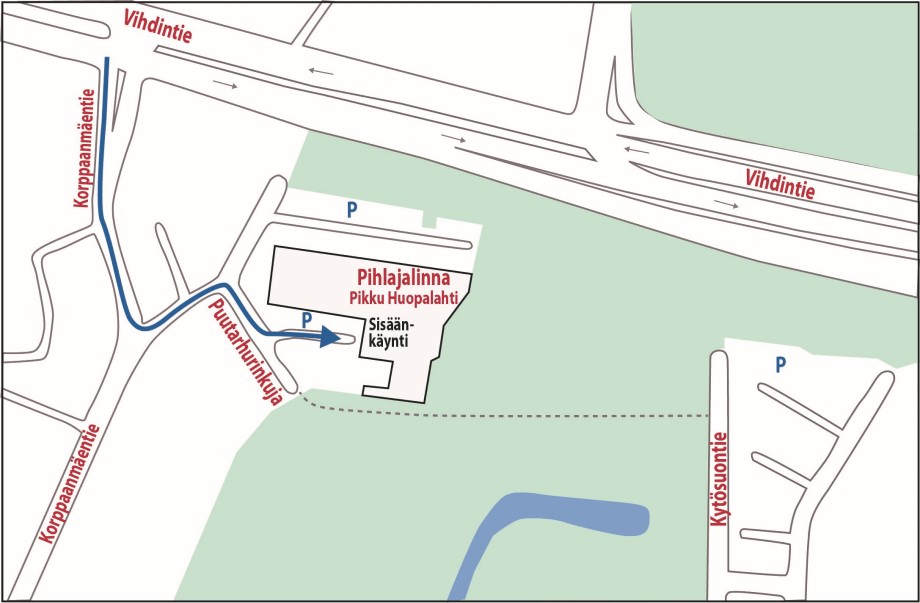 Kartta: Pihlajalinna Pikku Huopalahden pysäköinti ja sisäänkäynti