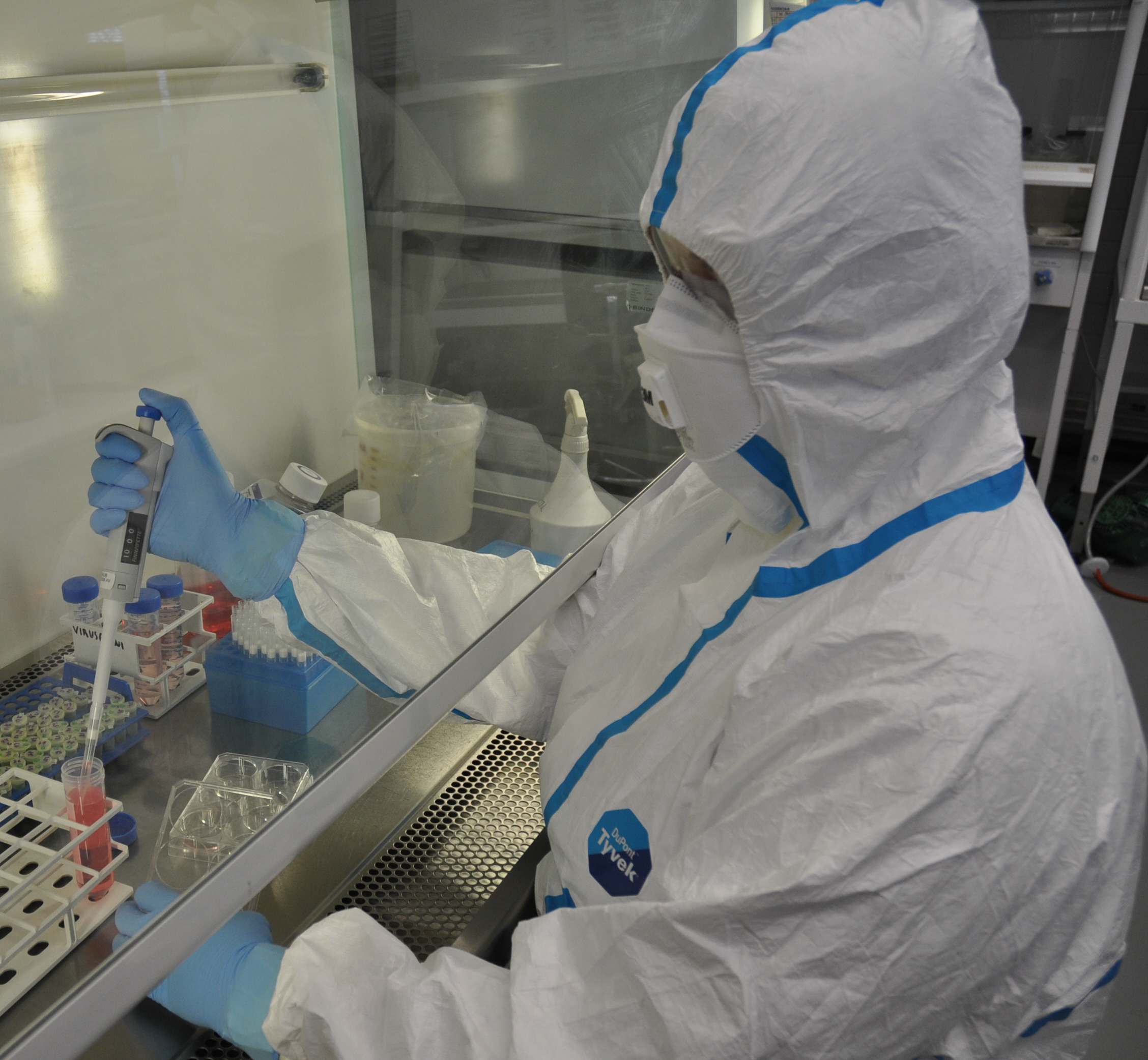 Virustutkija työskentelemässä korkean turvaluokan laboratoriossa