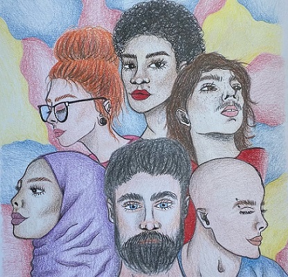 Piirustus, jossa on ihmisiä ja värikäs tausta.