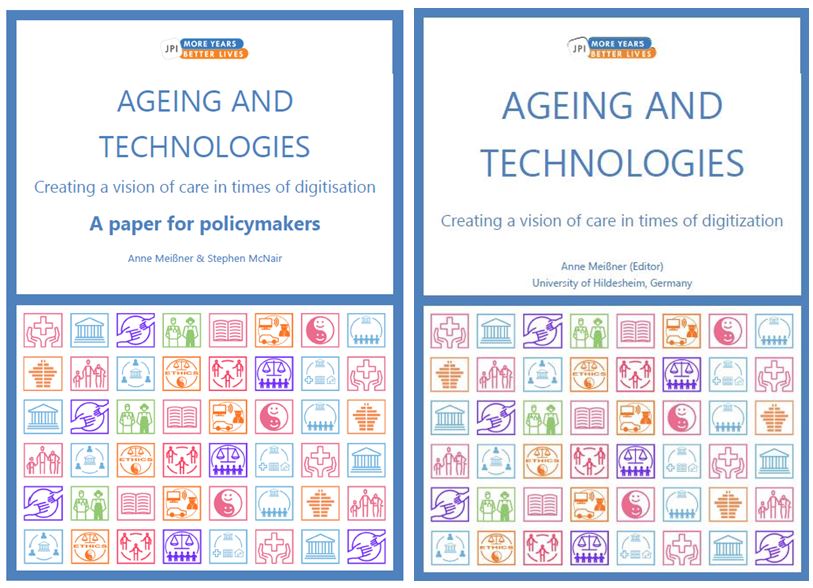 Ageing and technologies -raportin ja tiivistelmän kansikuvat, osissa paljon pieniä ikoneita.