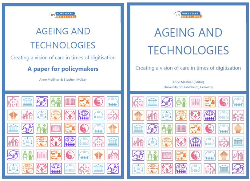 Ageing and technologies -raportin ja tiivistelmän kansikuvat, osissa paljon pieniä ikoneita.