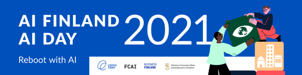 AI Finland AI Day 2021, Reboot with AI, Esoii, FCAI, Business Finland, Ministry os Foreign Affairs, kuvassa kaksi ihmistä nostamassa palikoita päällekkäin.