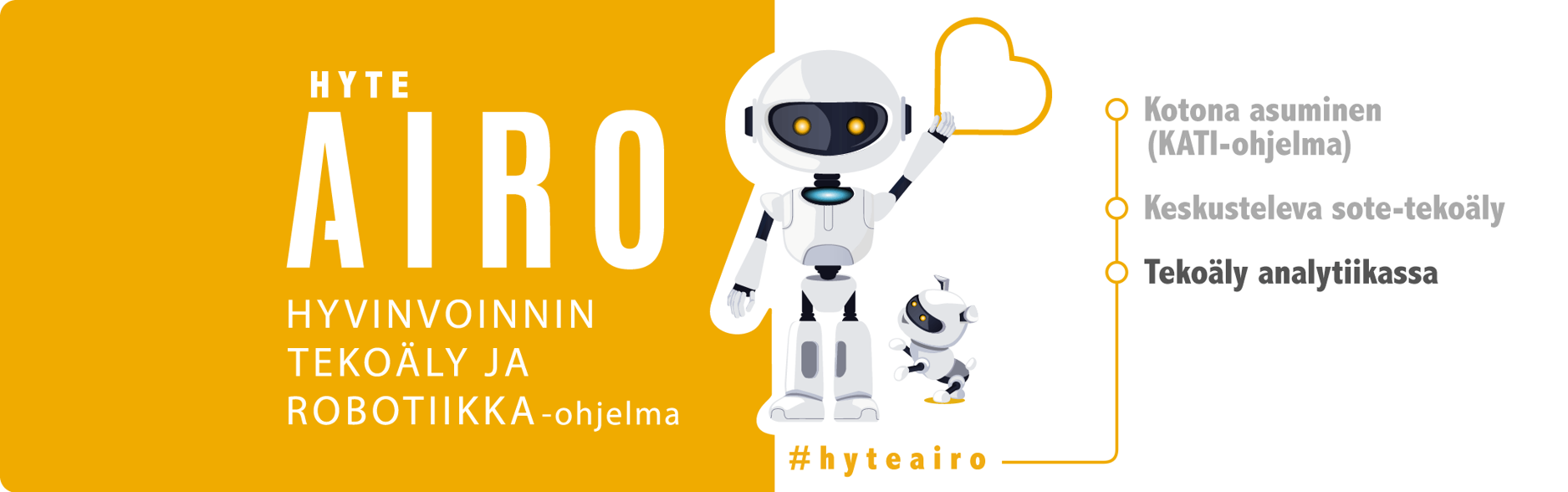 Hyteairon logo roboteilla, hyvinvoinnin ja tekoäly ja robotiikka-ohjelma. Kotona asuminen (KATI-ohjelma), Keskusteleva sote-tekoäly ja Tekoäly analytiikassa (boldattuna).