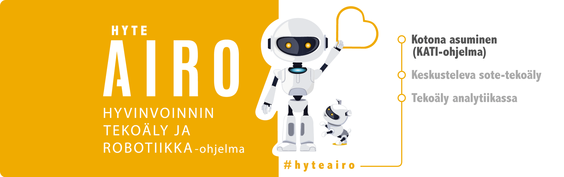Hyteairon logo roboteilla, hyvinvoinnin ja tekoäly ja robotiikka-ohjelma. Kotona asuminen (KATI-ohjelma) (boldattuna), Keskusteleva sote-tekoäly ja Tekoäly analytiikassa.