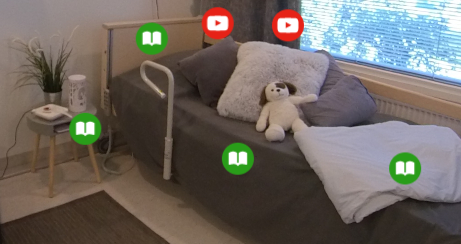 Kuvassa sänky, jolla nalle ja huomiomerkkejä, joista voi painaa.