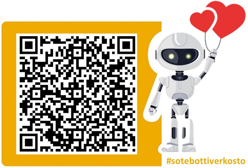 QR-koodi ja humanoidi sydänlmapalloja kädessään.