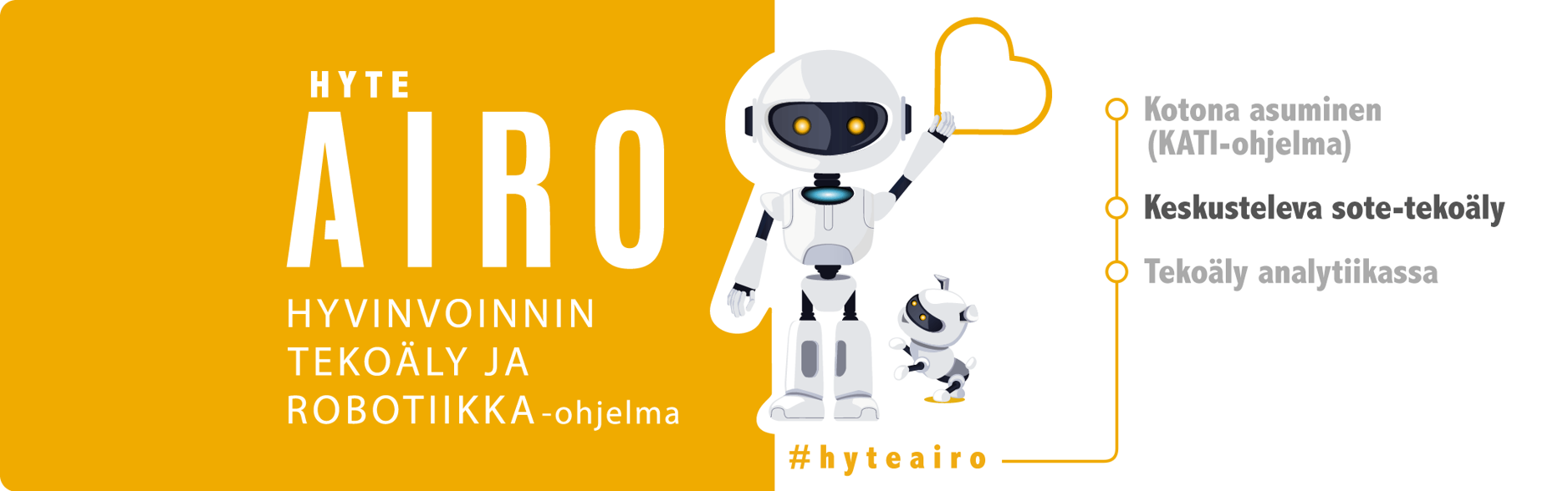 Hyteairon logo roboteilla, hyvinvoinnin ja tekoäly ja robotiikka-ohjelma. Kotona asuminen (KATI-ohjelma), Keskusteleva sote-tekoäly (boldattuna) ja Tekoäly analytiikassa.