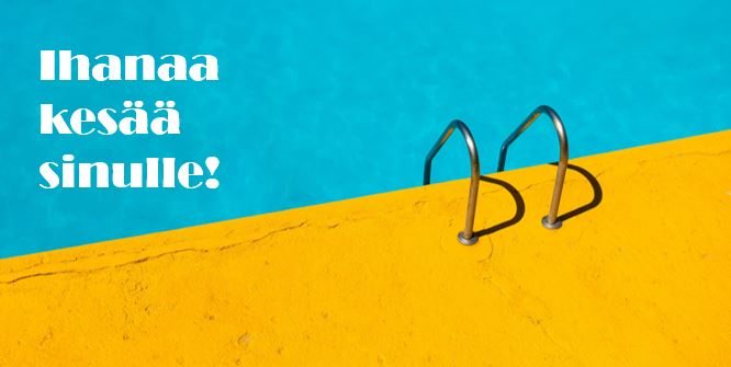 Ihanaa kesää sinulle! Kuvassa portaat, jotka vievät keltaiselta reunalta siniseen uima-altaaseen.