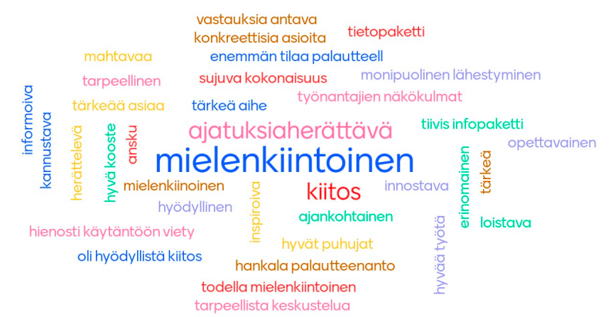 Palutetta kerättiin Mentimeter-sovelluksella, otteita: tiivis infopaketti, hyödyllinen ja mielenkiintoinen, tarpeellinen, mahtavaa, tärkeää asiaa.