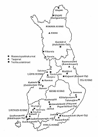 Suomen kartta, johon merkitty Autoklinikan moniseulontatutkimuksen tutkimuspaikkakunnat