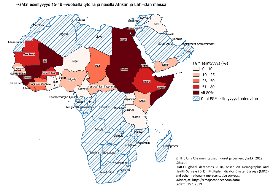 Kartta, jossa esitetään FGM:n esiintyvyydet 15-49-vuotiailla tytöillä ja naisilla Afrikan ja Lähi-idän maissa. Sisältö avattu tekstissä.