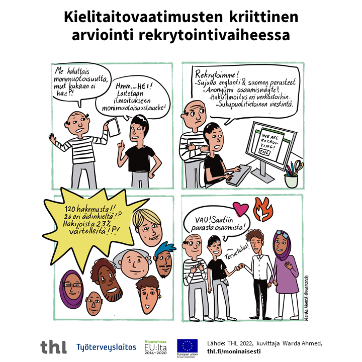Neljästä ruudusta koostuva sarjakuva työyhteisön rekrytointitilanteesta, jonka tietosisältö on avattu sivulla.
