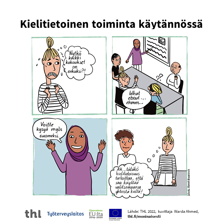 Neljästä ruudusta koostuva sarjakuva jännityksestä, jota vieraan kielen puhuminen voi aiheuttaa. Tietosisältö on avattu sivulla.