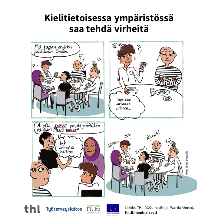 Neljästä ruudusta koostuva sarjakuva, jossa kahvipöydässä tapahtuu väärinymmärrys. Tietosisältö on avattu sivulla.