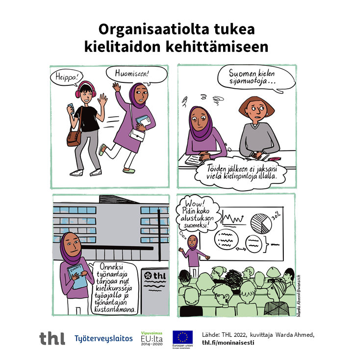 Neljästä ruudusta koostuva sarjakuva työnantajan tarjoamasta kielikoulutuksesta, jonka tietosisältö on avattu sivulla.