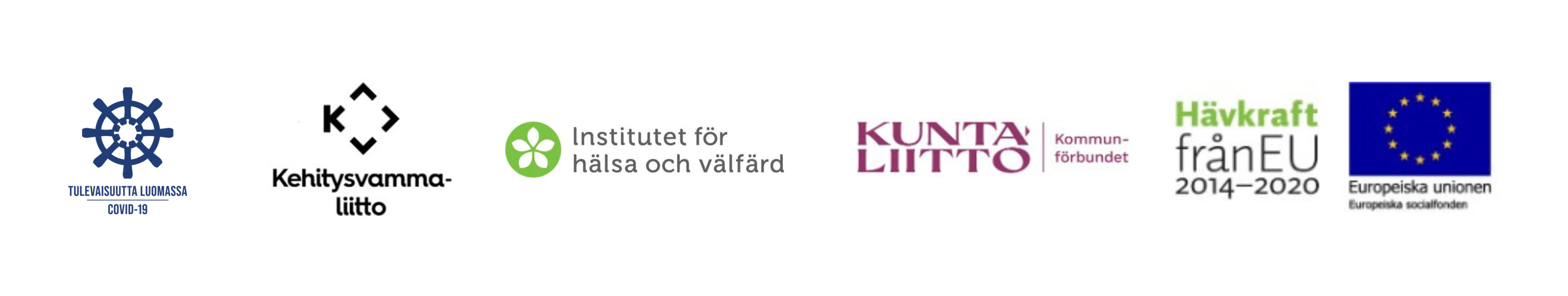 Projektlogo Framtiden skapas Covid-19, Kehitysvammaliitto-logo, Logo för Institutet för hälsa och välfärd, Kommunförbundets logo, logo från Hävkraft från EU, Logo för Europeiska socialfonden, EU. 
