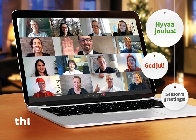 THL:n joulukortti, jossa tietokoneen ruudulla näkyy työntekijöiden kasvoja.