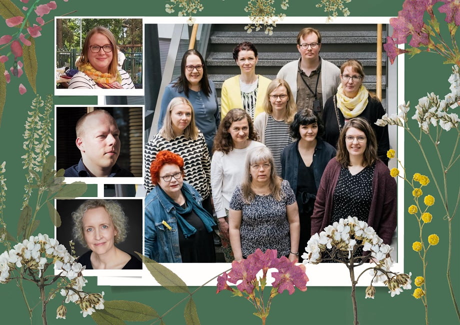 Valokuva Vammaisuus yhteiskunnassa -tiimistä ja kuvan reunoilla kukkakoristeita.