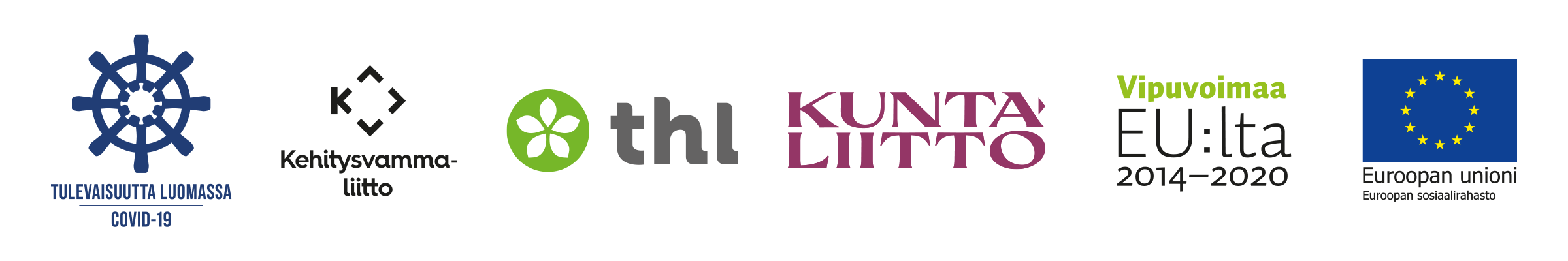 Tulevaisuutta lumassa covid-19-logo, Kehitysvammaliitto-logo, Terveyden ja hyvinvoinnin laitoksen logo, Kuntaliitto-logo, Vipuvoimaa EU:lta 2014-2020-logo ja Euroopan unioni: Euroopan sosiaalivirasto-logo.