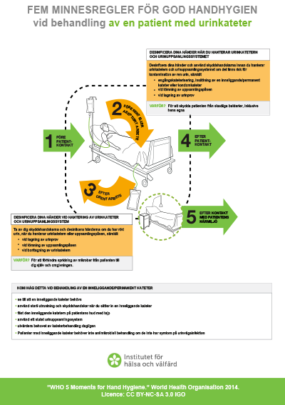 Fem minnesregler för god handhygien vid behandling av en patient med urinkateter.
1. Före patientkontakt.
2. Före rent eller aseptiskt arbete.
3. Efter orent arbete.
4. Efter patientkontakt.
5. Efter kontakt med patientens närmiljö.

Desinficera dina händer när du hanterar urinkatetern och urinuppsamlingssystemet.
Desinficera dina händer och använd skyddshandskarna innan du hanterar urinkatetern och urinuppsamlingssystemet om det finns risk för kontamination av ren urin, särskilt
- engångskateterisering, insättning av en inneliggande/permanent kateter eller kondomkateter
- vid tömning av uppsamlingspåsen
- vid tagning av urinprov
Varför? För att skydda patienten från skadliga bakterier, inklusive hens egna.

Desinficera dina händer vid hantering av urinkateter och urinuppsamlingssystem.
Ta av dig skyddshandskarna och desinficera händerna om du har rört urin, när du hanterar urinkatetern eller uppsamlingspåsen, särskilt
- vid tagning av urinprov
- vid tömning av uppsamlingspåsen
- vid borttagning av urinkatetern
Varför? För att förhindra spridning av mikrober från patienten till dig själv och omgivningen.

Kom ihåg detta vid behandling av en inneliggande/permanentkateter:
- se till att en inneliggande kateter behövs
- använd steril utrustning och skyddshandskar när du sätter in en inneliggande kateter
- fäst den inneliggande katetern på patientens hud med tejp
- använd ett slutet urinuppsamlingssystem
- utvärdera behovet av kateterbehandling dagligen
- Patienter med inneliggande kateter behöver inte antimikrobiell behandling om de inte har symtom på urinvägsinfektion