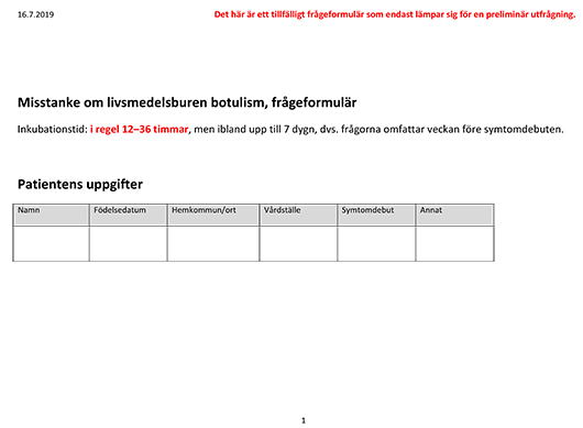 Misstanke om livsmedelsburen botulism, frågeformulär.