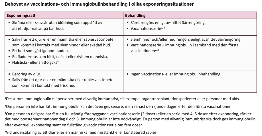 Behovet av vaccinations- och immunglobulinbehandling i olika exponeringssituationer.