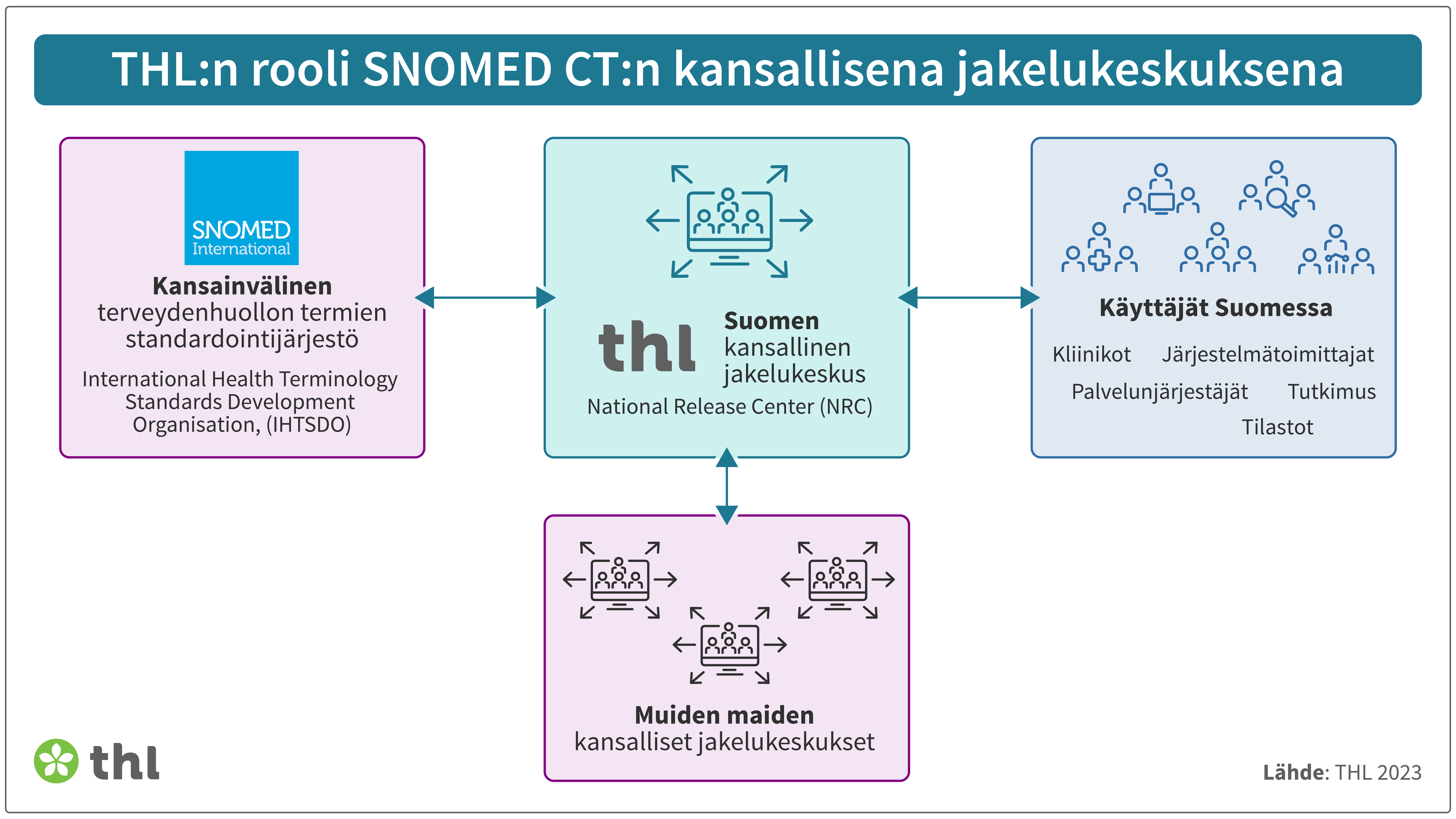 Kuvan avulla havainnollistettu esitys tekstissä kuvatusta THL:n roolista SNOMED CT termistön kansallisena jakelukeskuksena.