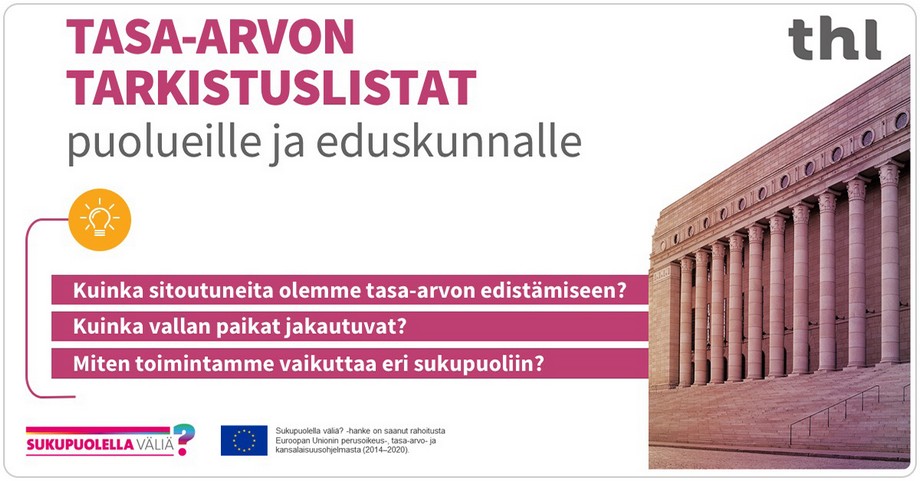 Tasa-arvon tarkistuslistat puolueille ja eduskunnalle -kansikuva, jossa on eduskuntatalo.