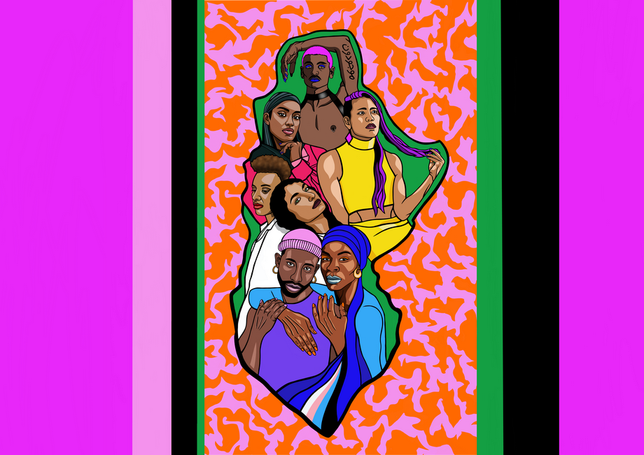 Cartoon style photo of people.