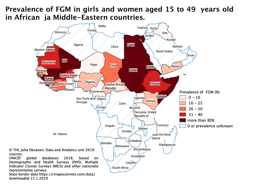 A map showing prevalnce of FGM in girls and women aged 15-49 years old in African and Middle Eastern countries.