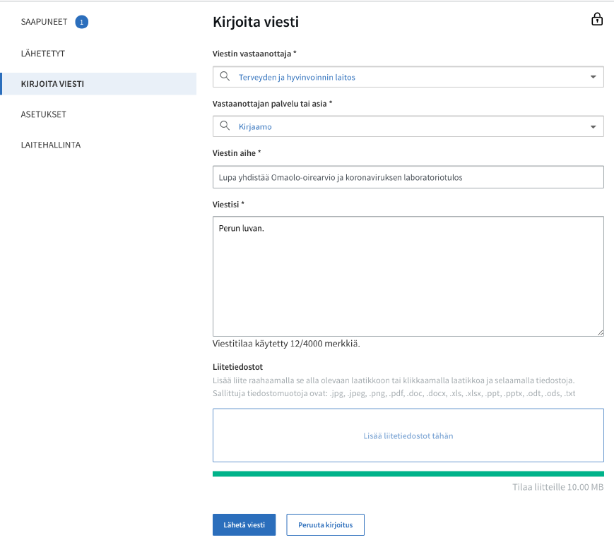 Kuva Suomi.fi-palvelun lomakkeesta: Lupa yhdistää Omaolo-oirearvio ja koronaviruksen laboratoriotulos. Samat ohjeet löytyvät edellä olevasta kahdeksan kohdan ohjeesta.